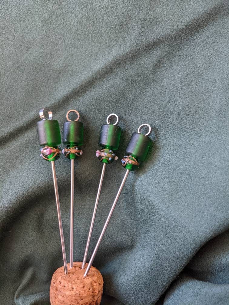 Green glass cocktail picks. Set of 4. Etsy