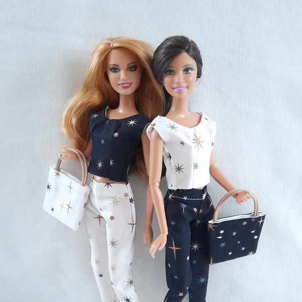 vêtements motifs étoiles,chemisier pantalon et sac assorti pour poupée échelle 1/6, fashion doll clothes, 1:6 scale by DollsAtelierCouture