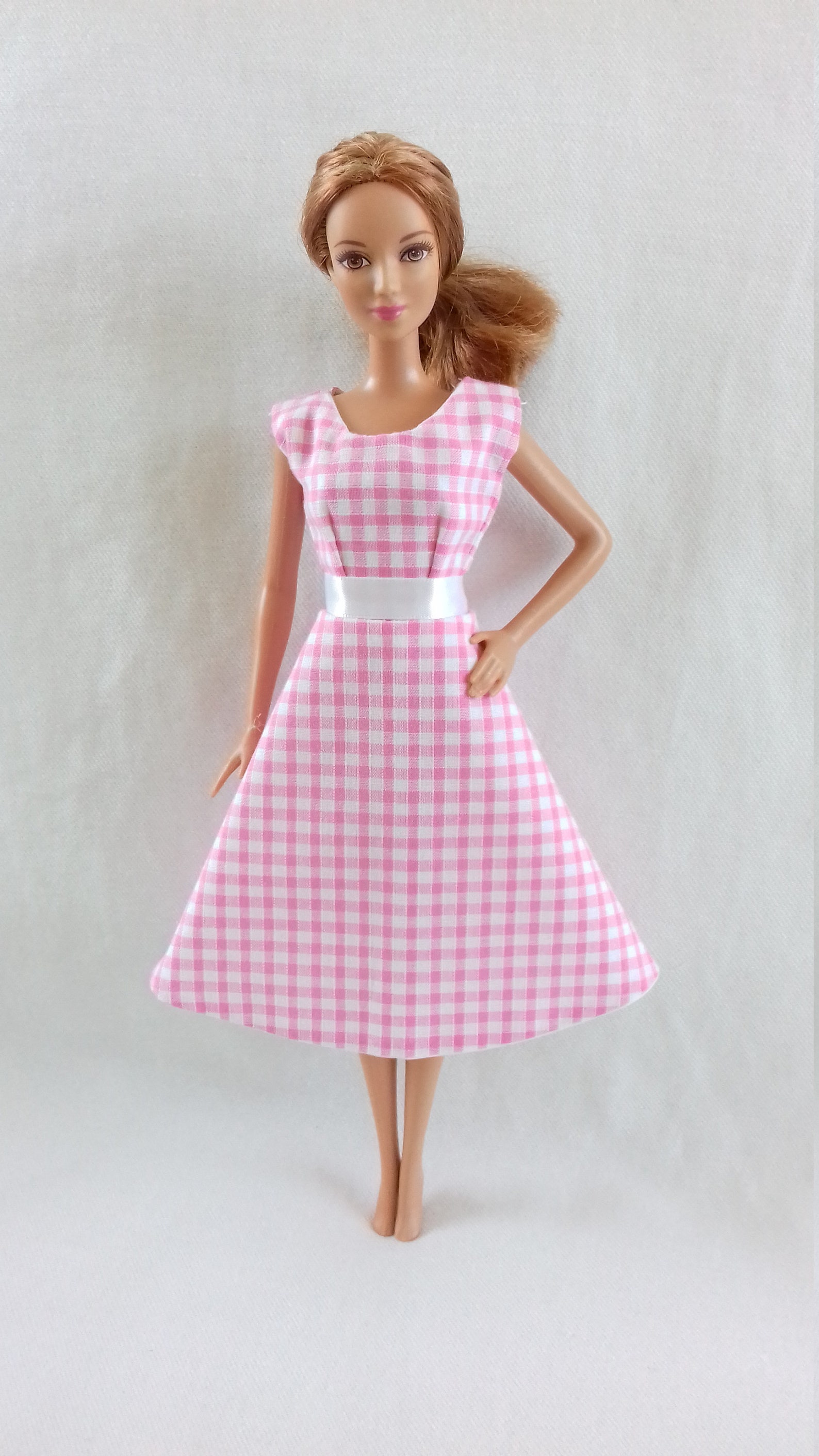Dress for Barbie vichy with light pink checkered lined in Etsy