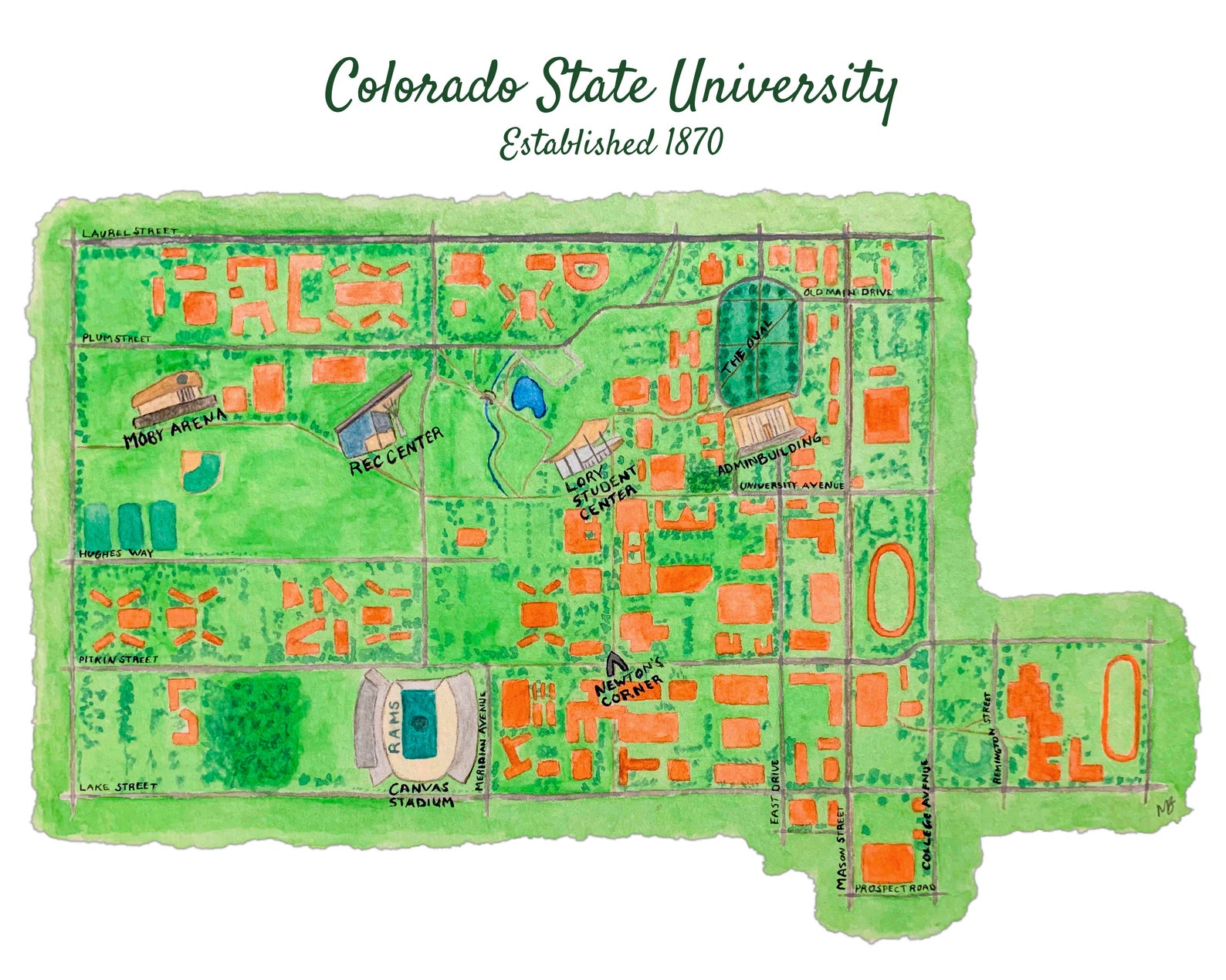 Colorado State University Campus Map Watercolor Print  Etsy