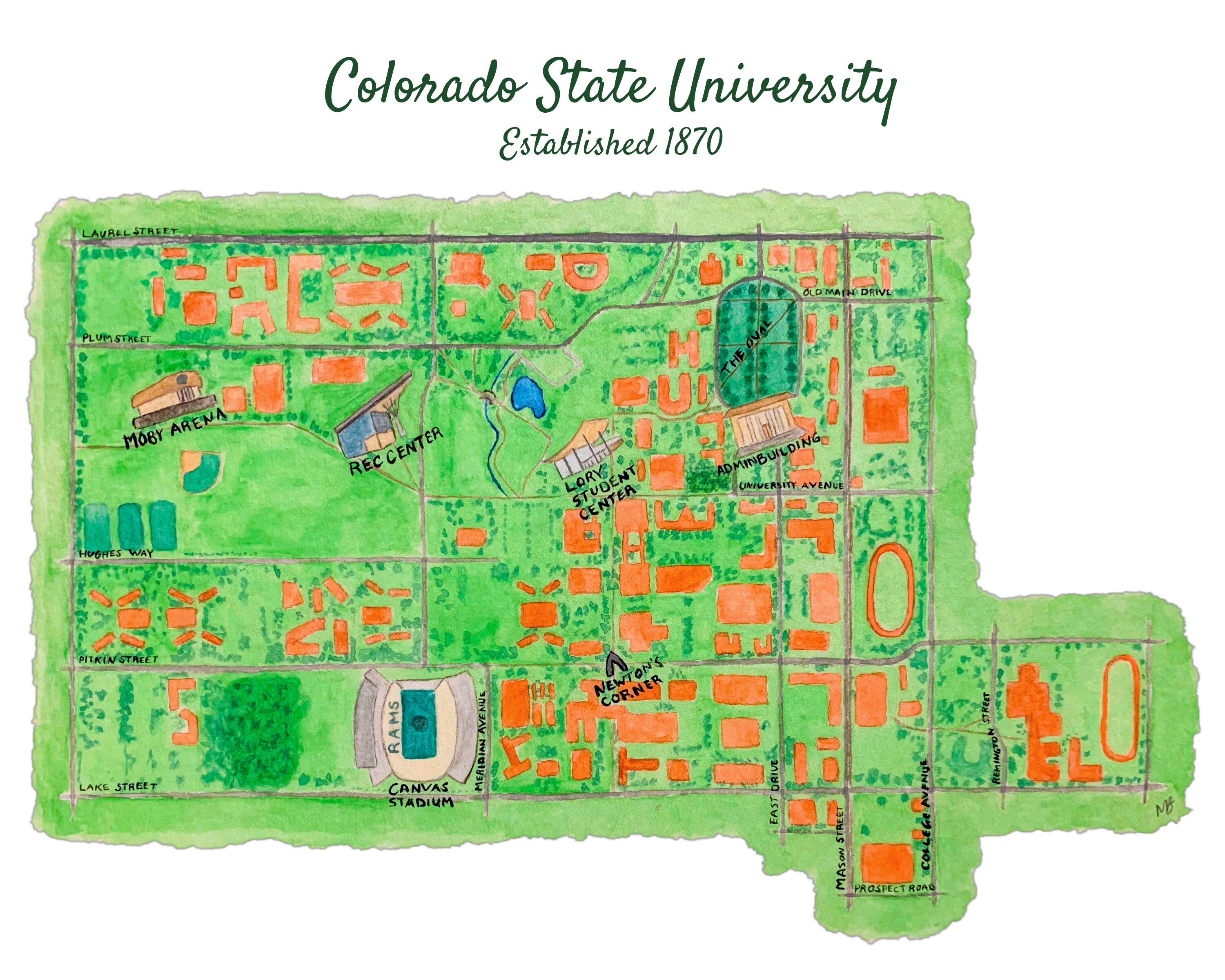 Colorado State University Map Colorado State University Campus Map Watercolor Print | Etsy