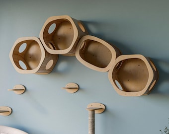 Modular Wall Cat Tree: Birch Plywood Climbing Furniture & Cat Bed