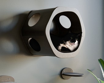 Coin mural hexagonal pour chat : design élégant avec des courbes organiques en naturel, marron, noir - Parfait pour la détente et le jeu du chat