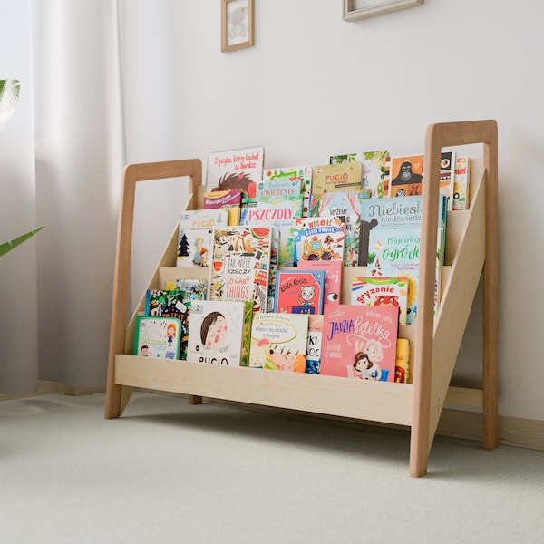 Large Montessori Bookshelf for Kids, Wide Wooden Book Display, Spacious Child-Safe Book Organizer