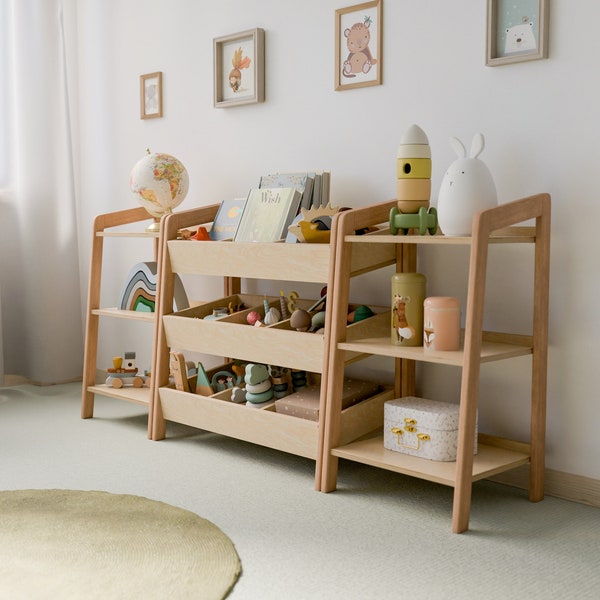 Komplettes Montessori-Spielzeug-Organisationsset: Bücherregal und Regal mit Trennwänden für Kinder