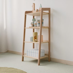Compact Montessori Storage Shelf, Kids Wooden Bookcase, Mid-Century Modern Organizer