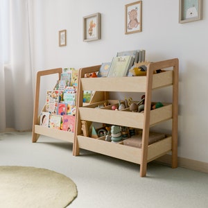 Ensemble bibliothèque et organisateur de jouets Montessori : bibliothèque en bois, espace de rangement avec séparateurs pour enfants