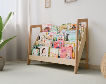 Grote Montessori-boekenplank voor kinderen, brede houten boekendisplay, ruime kindveilige boekenorganizer