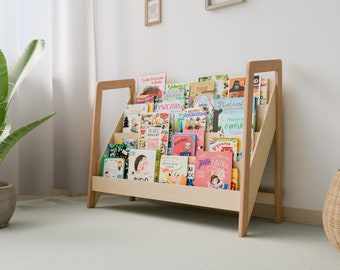 Großes Montessori-Bücherregal für Kinder, breite Buchpräsentation aus Holz, geräumiger, kindersicherer Buchorganisator