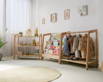 Set da sala giochi Montessori: contenitore per giocattoli, libreria, appendiabiti - Mobili ecologici per bambini