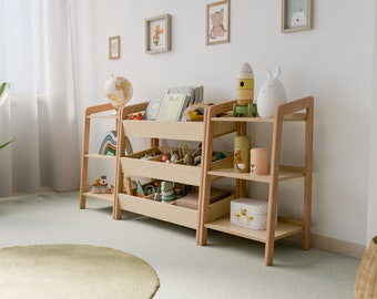 Set completo per l'organizzazione dei giocattoli Montessori: libreria portaoggetti e scaffale con divisori per bambini