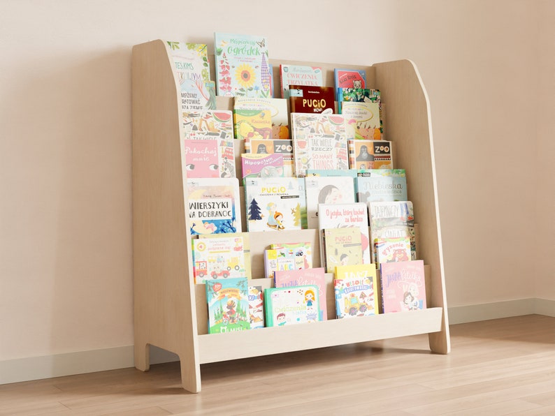 Large Bookcase in natural wood finish, full with children books