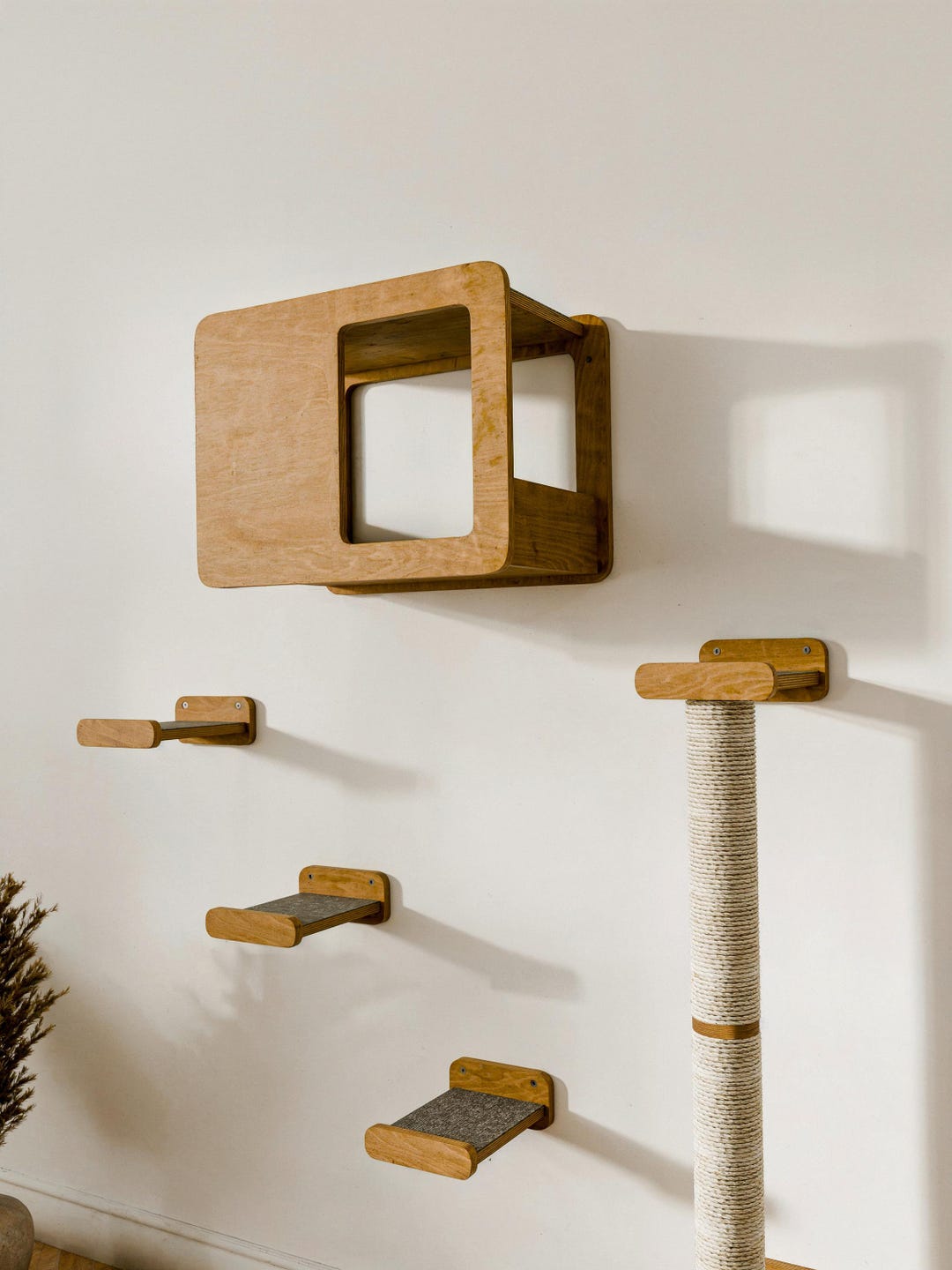 Modern Cat Wall Shelves Set: Birch Plywood House & Scratcher - Etsy - Wall Shelves For A Cat Lover