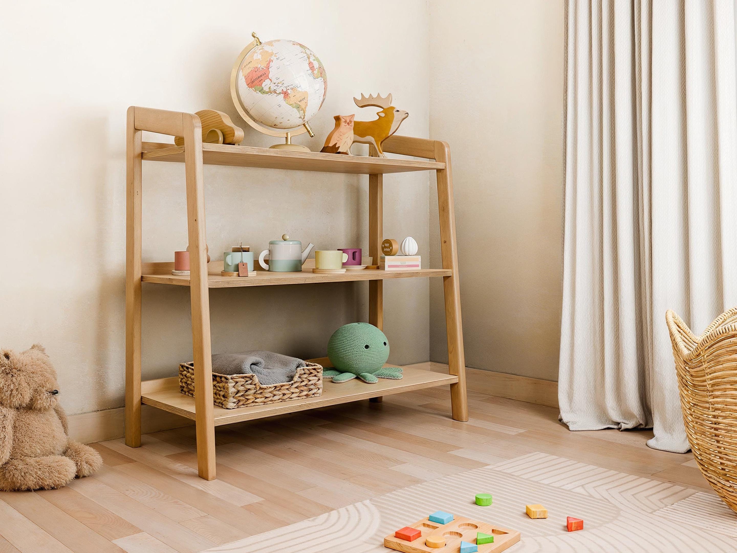 Montessori Toy Storage Bookcase: Mid-Century Modern Kids Furniture