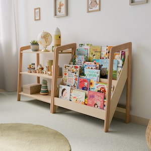 Modern Montessori Bookshelf with Toy Storage, Kids Furniture, Mid Century Style, Toddler Gifts