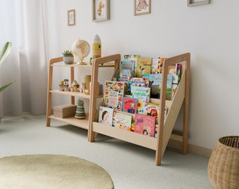 Modernes Montessori-Bücherregal mit Spielzeugaufbewahrung, Kindermöbel, Mid-Century-Stil, Kleinkindgeschenke