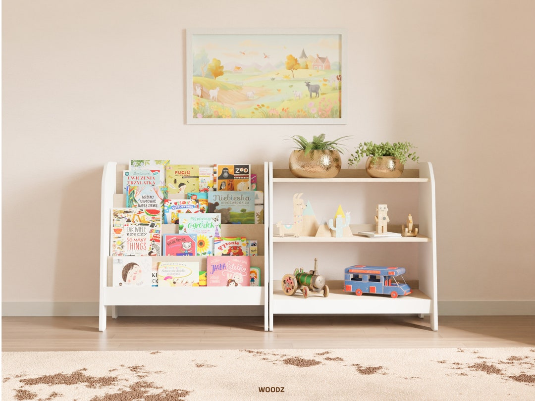 Set of Montessori Bookshelf and Toy Storage, Playroom Furniture