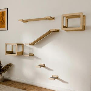 Wooden Cat Tree Wall Set: Handmade Birch Cat House Furniture