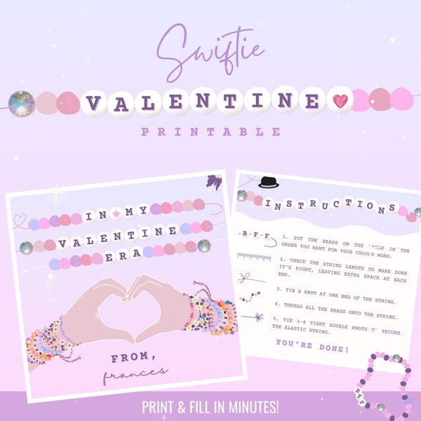 Swiftie Quadrat Valentinstag Printable | EDITIERBARE VERSION | - Perlen Freundschaft Armband Printable Karte | Nichts Süßes Valentinstag | Taylor