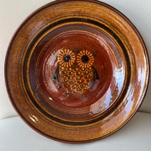 May include: A brown ceramic plate featuring a hand-painted owl design. The owl has yellow and black details and is surrounded by concentric brown and black rings.