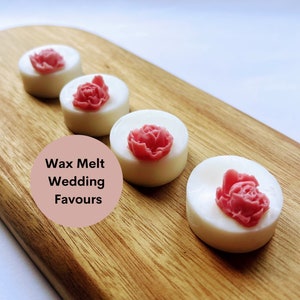 Personalised Wax Melt Wedding Favours With Tealight, Aromatherapy Scented Soy Wax Melts With Pink Rose Flowers For An Elegant Wedding