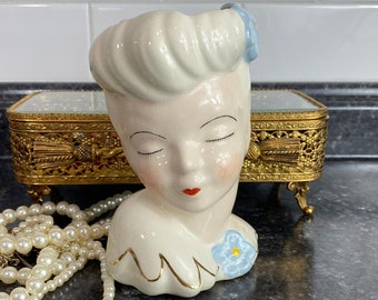 Vintage Lady Head Vase | Blue and Gold Glamour Girls Style Pinup Art Deco Lady head Vase | Betty Grable style Planter Vase Hand Painted