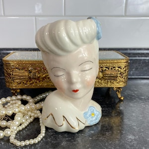 Vintage Lady Head Vase: Blue & Gold Glamour Girl Planter