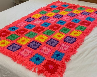 Granny Square Crochet Blanket, Retro Shabby Chic Afghan Throw, Grannycore Decor, Neon Pink Purple Green Red yellow Blue, Fringed Edge