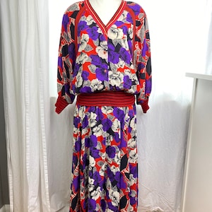 Vintage Diane Freis Floral 2 Piece Set, Skirt and Top | Diane Freis 2pc Dress | Summer Flouncy Boho Hippie Festival | Red Black Purple White