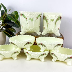 Vintage Northwood Genf Muster Shell & Blättern Servierteller Set - Uran Glow Glas