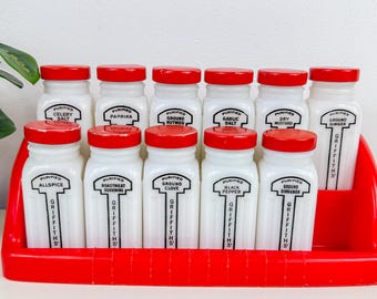 Vintage Art Deco Griffiths Spice Rack: Milk Glass Jars, Red Lids