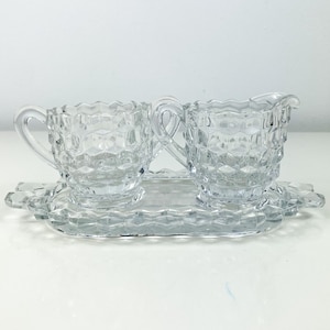 Vintage Fostoria American Small Creamer and Sugar Bowl w/Under plate, Cubist Design Pattern, 3 piece Table setting, Classic Wedding Decor