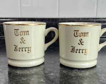 Vintage Tom & Jerry Christmas Mugs |  | 1950s Christmas coffee mug | Hall Made in USA Gold Rim and accents | Set of 2 Holiday punch glass