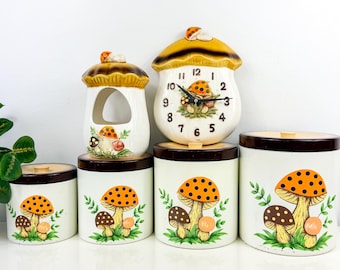 Vintage Merry Mushroom Sears-collectie: hangende plantenbak, klok, busset, afzonderlijk verkocht