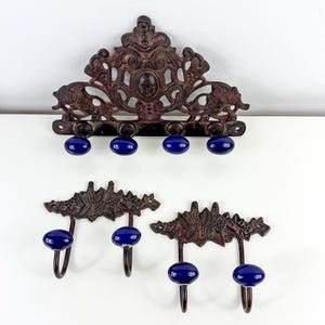 Vintage Cast Iron Wall Hook Set: Blue Porcelain Knobs, Farmhouse Decor