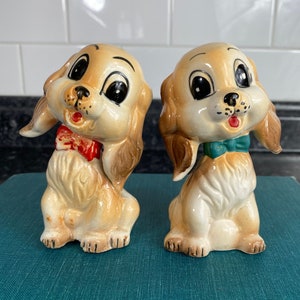 Vintage Perky Brown Cocker Spaniel Dogs w/Bows Salt & Pepper Shakers | Commodore Japan Squeaker Set | Anthropomorphic Kitsch Puppies | Large