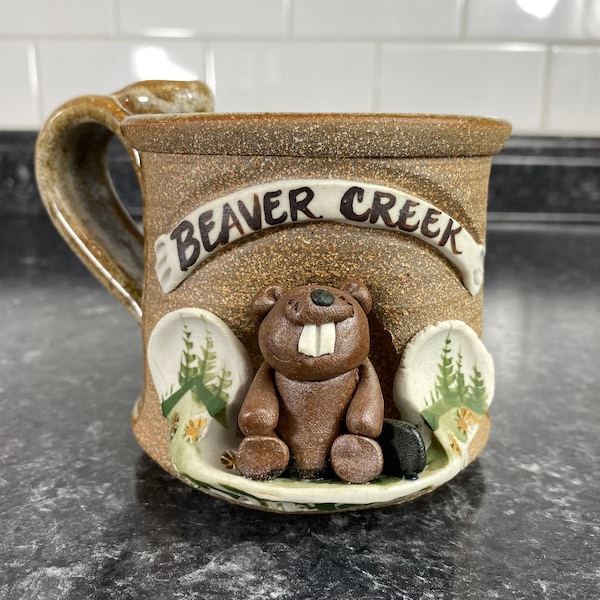 Vintage Beaver Creek Colorado Stoneware Coffee Mug, Hand Made Ceramic Carved Beaver Pottery Mug, Travel, Beaver Creek Resort Studio Pottery