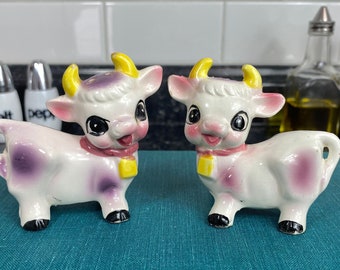 Vintage Figural Baby "Cow" Salt & Pepper Shakers | Anthropomorphic Purple Pink, Yellow Bell and Horns Shakers | Hand Painted Ceramic