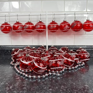 Vintage West German Red Glass Christmas Balls: Mica Polka Dot Ornaments, Set of 26