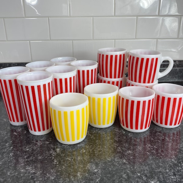 Vintage Hazel Atlas Candy Stripe Mugs and Tumbler Sets | Hazel Atlas White Milk Glass Red Stripes Yellow Stripes | Sold in Sets of 2