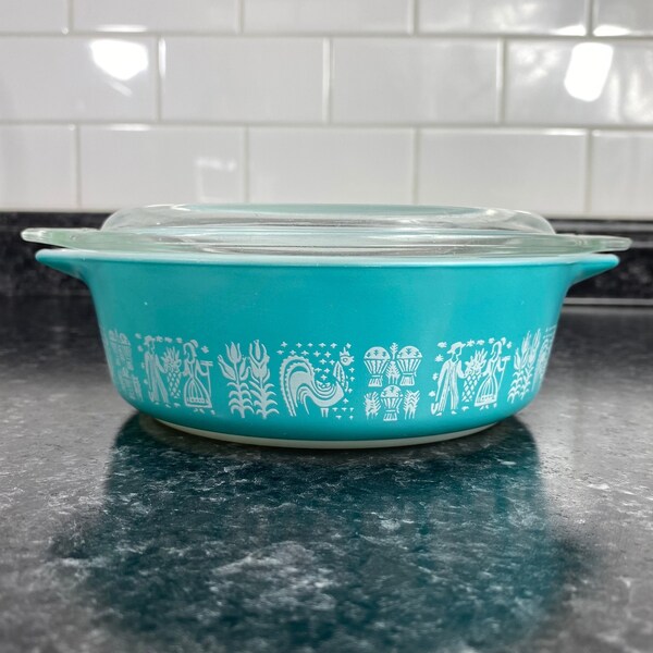 Vintage Pyrex Butterprint 1 Pt Round Casserole #471, 50's White Amish Butterprint Turquoise Blue, Rooster Balloons Farmers, Bake Serve Store