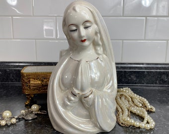 Vintage 8.5" Lady Head Vase | Iridescent White Luster Gold Accent Madonna Virgin Mother Mary Veiled | 50s Japan Ceramic Planter Flower Vase
