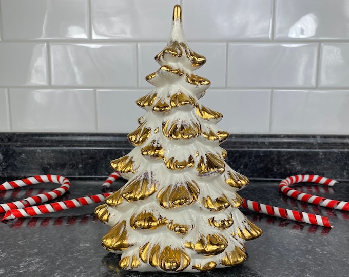 Vintage Mid Century White & Gold Ceramic Christmas Tree, Holland Mold