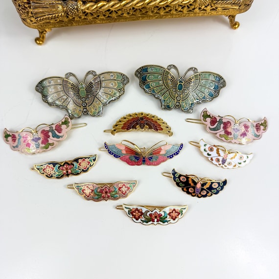 Vintage Cloisonné Enamel Butterfly Hair Barrettes – Set of 2 Hair Barrette Matching Set Cloisonne Butterfly Retro  main image 3