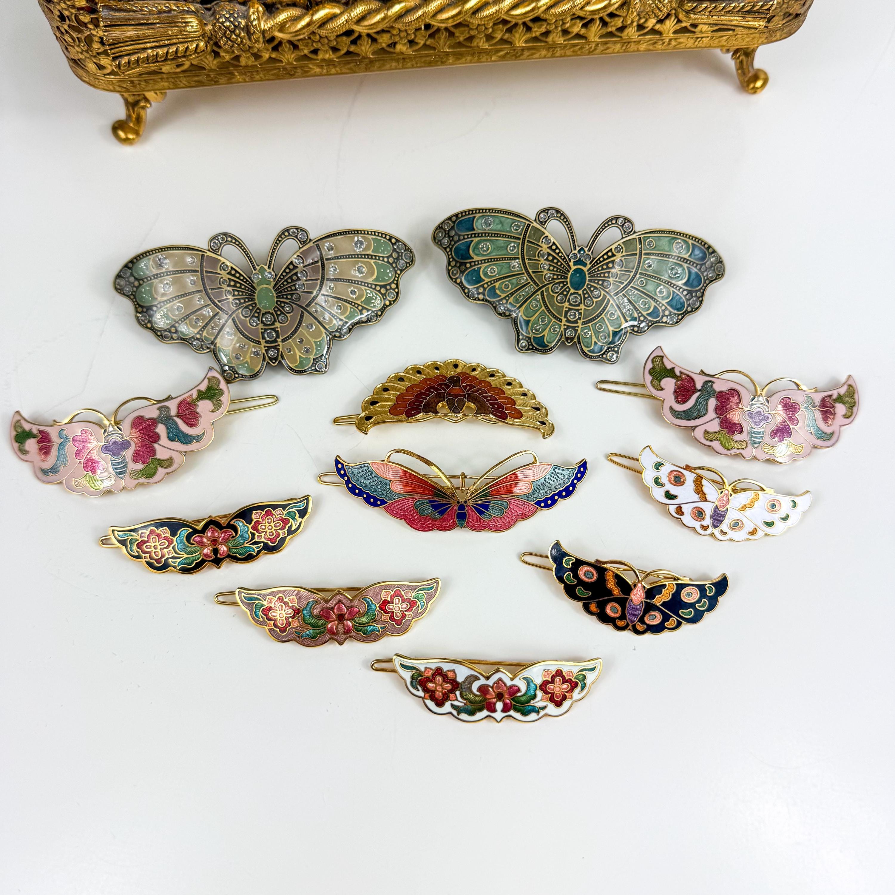 Vintage Cloisonne Hair Barrette: Enamel Butterfly & Floral  display picture 1
