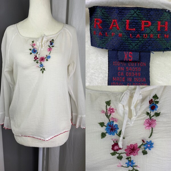 Vintage 90s Ralph Ralph Lauren Embroidered Peasant Top | Long Sleeve Sheer Blouse | Y2k 90s Boho style Shirt | Plaid Label RL | Size XL