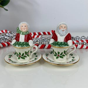 Lenox Mr. & Mrs. Claus Teacup Salt and Pepper Shakers - Christmas Holly