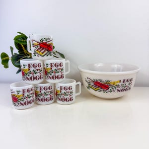 Hazel Atlas Milk Glass Egg Nogg Punch Bowl & 6 Mugs, Vintage Gay Fad Studios Christmas, Violin, Musical Holiday Decor, 1950s Christmas MCM