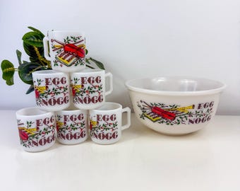 Egg Nog ヘーゼルアトラス マグ ボウルセット　全7点　ヴィンテージ VINTAGE 1950'S HAZEL ATLAS MILK GLASS CHRISTMAS EGG NOG PUNCH BOWL