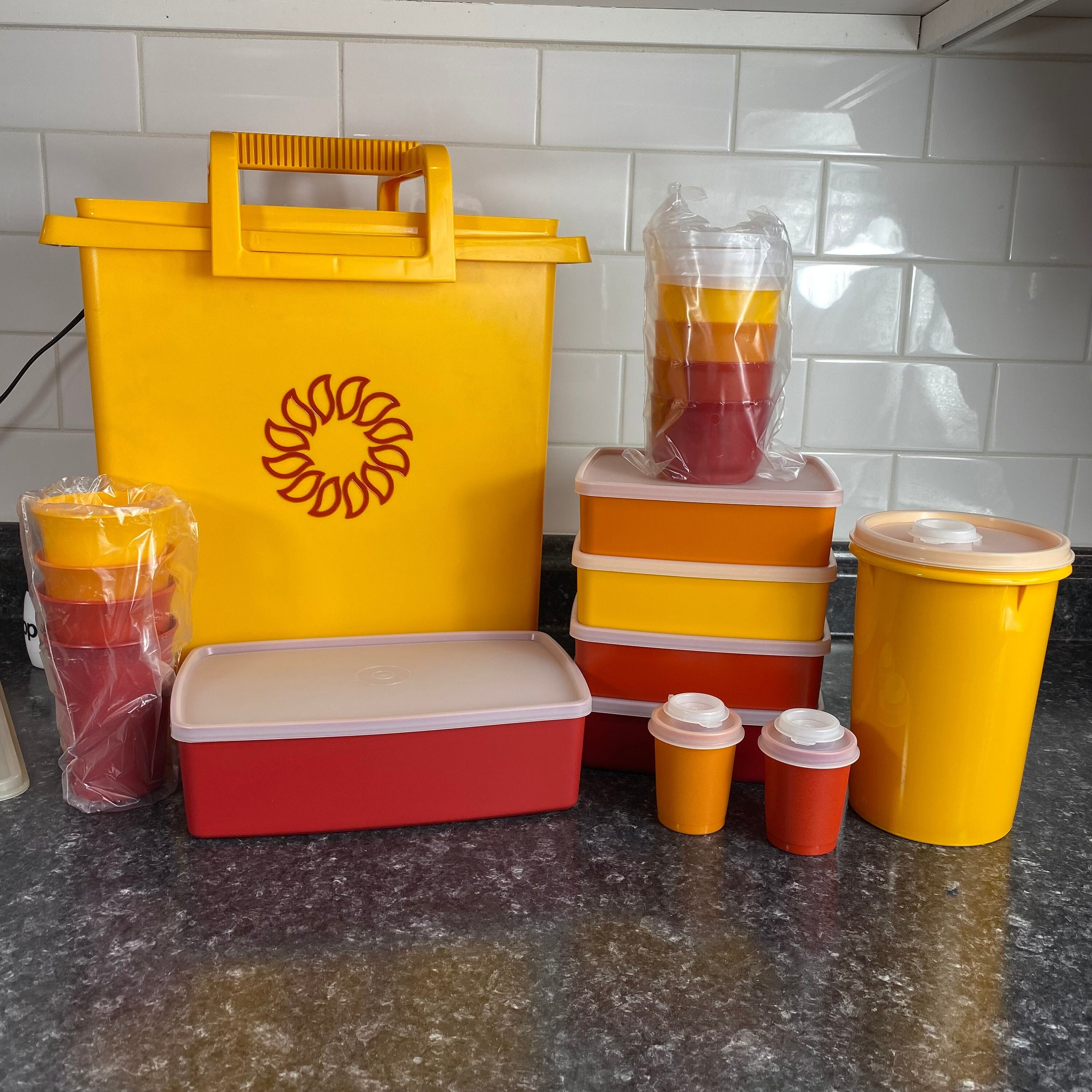 NOS Vintage Tupperware Picnic Set, Yellow Hard Sided Carrier W/red